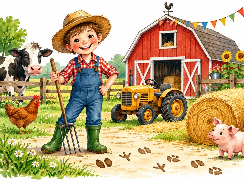 Illustratie Boerderij: schuur, tractor, dierensporen, hooibaal; rood en oker