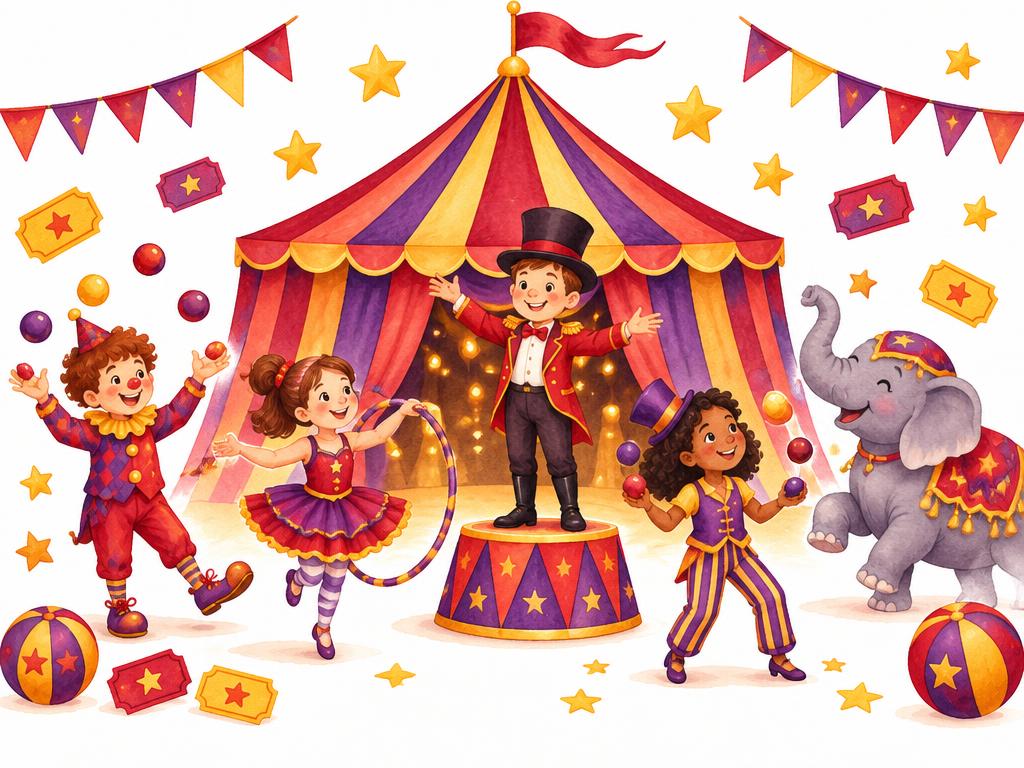 Illustratie Circus: tent, jongleerballen, vlaggetjes, ticket; rood, paars en goud