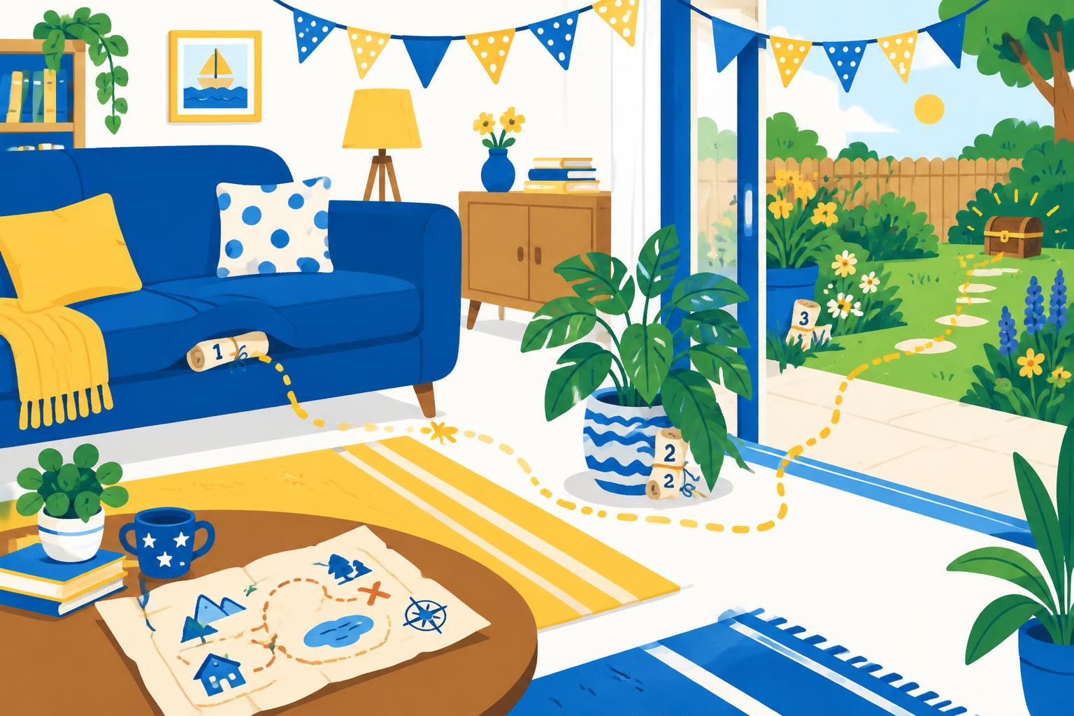 Woonkamer en tuin met genummerde aanwijzingskaarten en een stippellijn naar een schatkist
