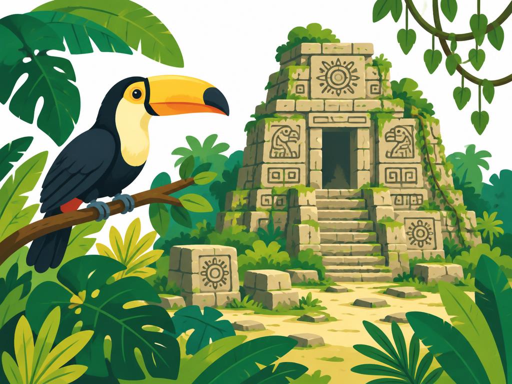 Illustratie Jungle: bladeren, vogels, ruïnes
