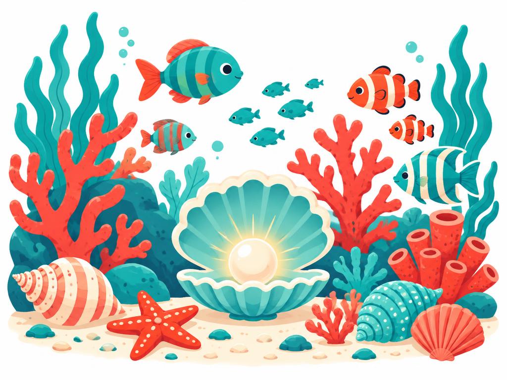 Illustratie Onderwaterwereld: koraal, vissen, schelpen
