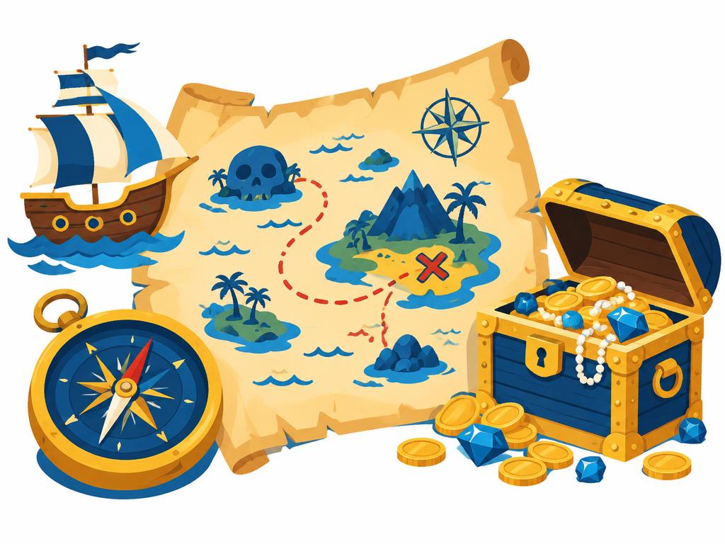 Illustratie Piraten: kaart, kompas, schip, schatkist