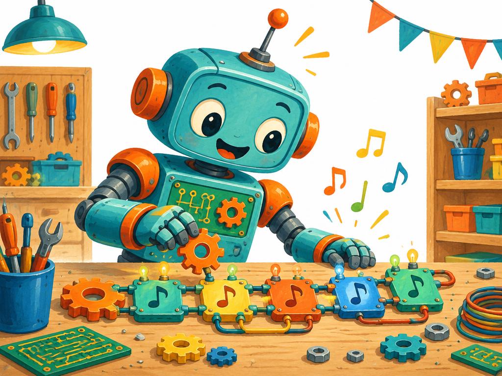 Illustratie Robots: robot, tandwiel, printplaat, antenne; teal en oranje