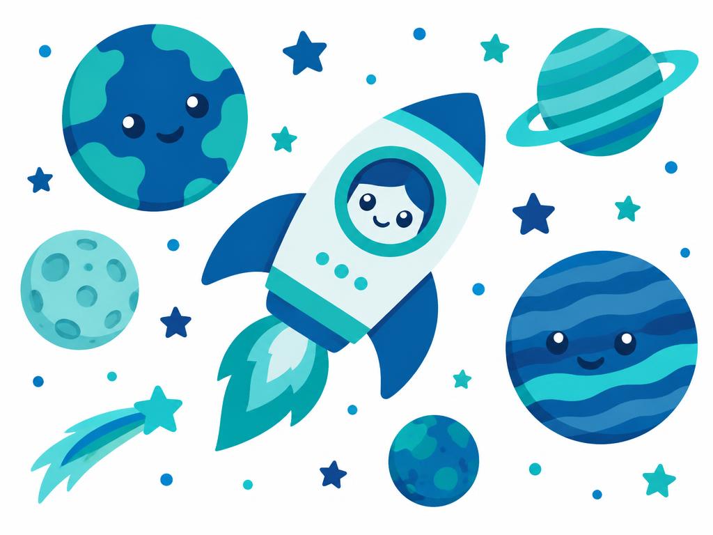 Illustratie Ruimte: planeten, sterren, raket