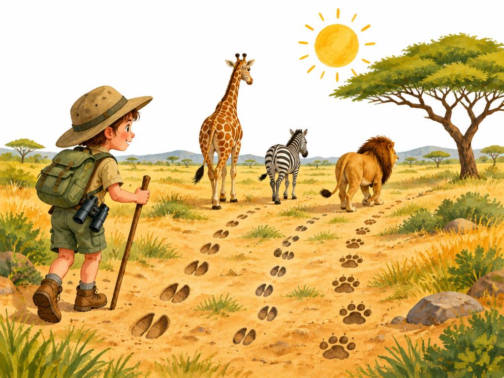Illustratie Safari: giraffe, zebra, leeuw, acacia; oker en olijfgroen