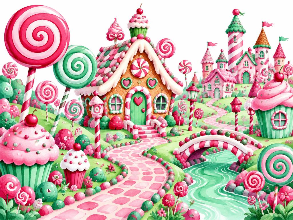 Illustratie Snoepwereld: lolly, snoephuis, spiraal, cupcake; framboos en mint