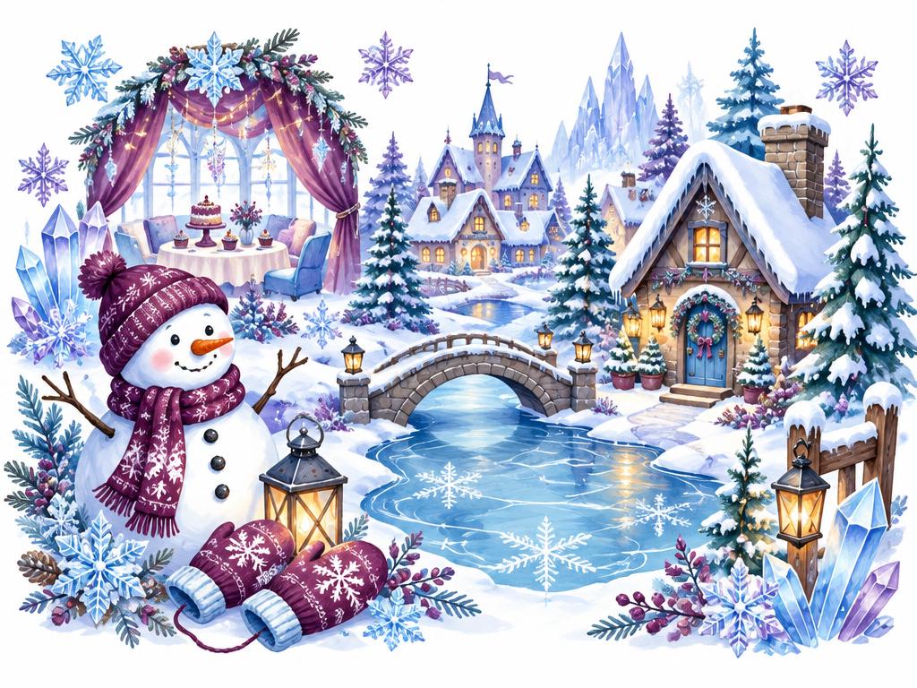 Illustratie Winterwonderland: sneeuwvlok, want, sneeuwpop, huisje; ijsblauw en pruim
